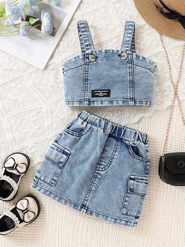 SHEIN Baby Girls Denim Sets: Sleeveless Denim Bib Top + Cargo Pocket Denim Skirt, 2Pcs Summer Outfit