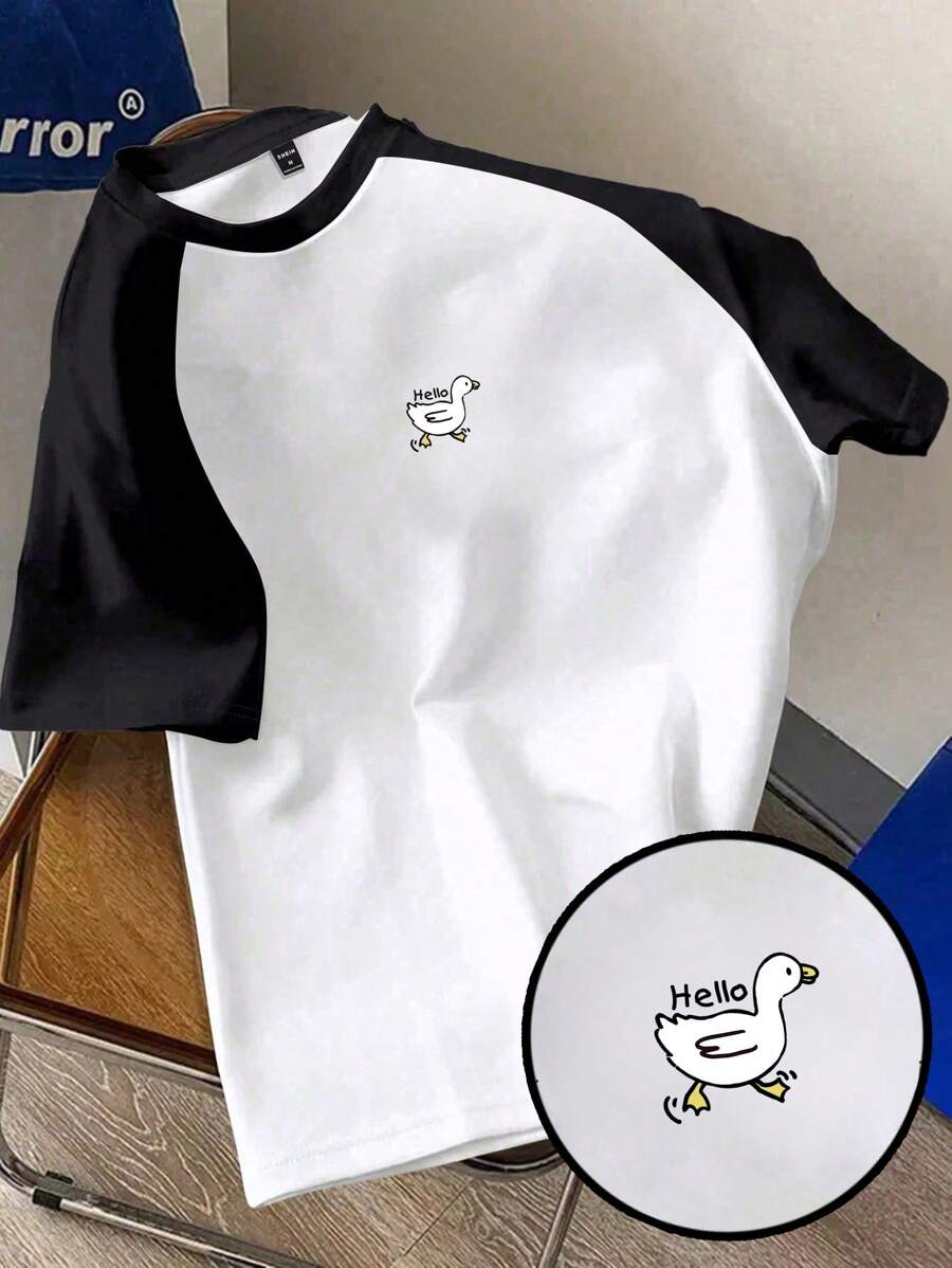 SHEIN Essnce Camiseta Feminina de Manga Curta com Gola Redonda, Ajuste Justo, Padrão Minimalista Casual, Adequada para o Verão - Preto e Branco - Visão 1