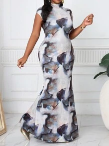 SHEIN Lady Spring And Summer Elegant Knitted Round Neck Short Sleeve Winter Dress Fitted Dress Plus Size Dress Irregular Pattern Dress - Multicolor - View 6