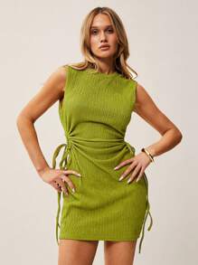 SHEIN Essnce Drawstring Side Solid Tank Dress - Green - View 6