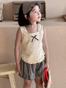 DAZY 2pcs/Set Young Girl Bow Decor Textured Tank Top And Plaid Shorts,Girls Summer Outfits - Black and White - View 7