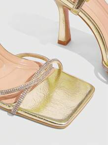 CUCCOO SZL 性感时尚方头金色高跟系带水钻凉鞋，适合女士，适合夏季聚会和场合穿着 - 金色 - 查看 5