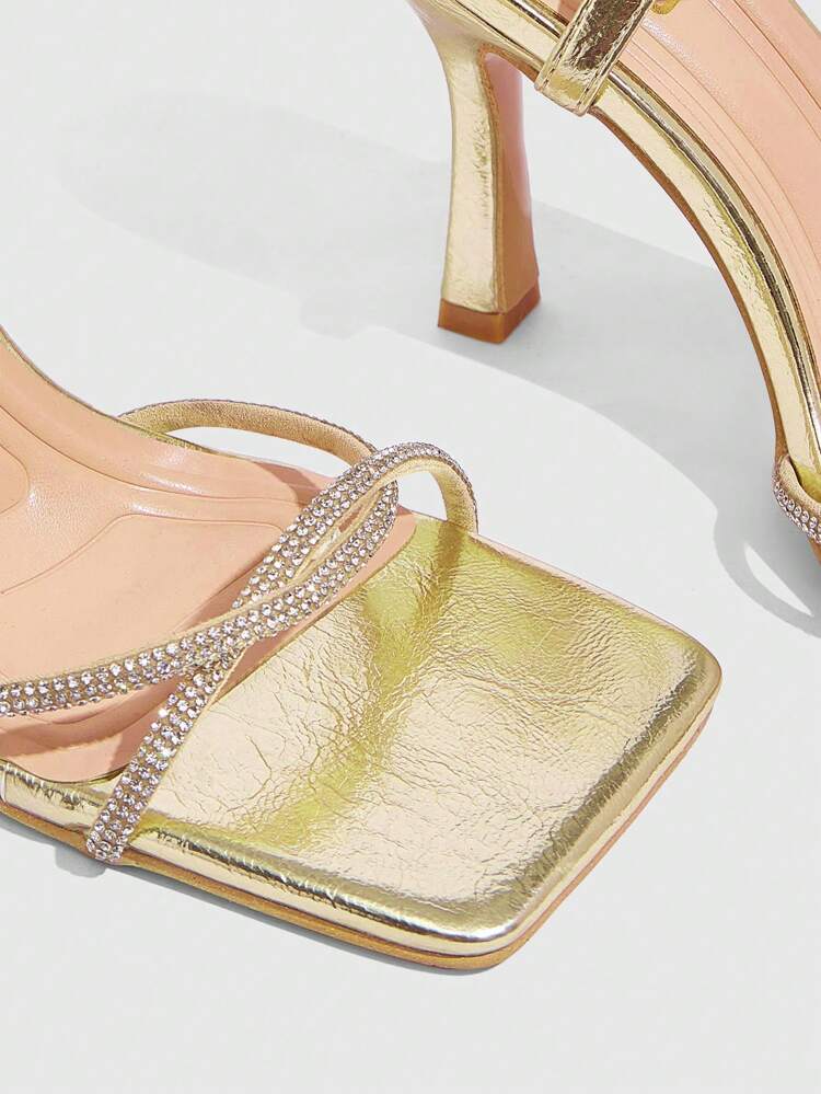 CUCCOO SZL Sexy Fashion Square Toe Gold High Heel Strappy Rhinestone Sandals For Women, Party And Occasion Wear For Summer