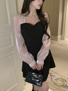 DAZY Women's Color Block Casual Elegant Korean Style Long Sleeve Midi Dress