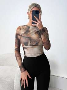 SHEIN Privé Mono elegante y romántico de estilo fashion para mujer, adecuado para fiestas, vacaciones, vuelta al colegio, citas románticas y bodas, con estampado teñido anudado y manga larga - Multicolor - Ver 5