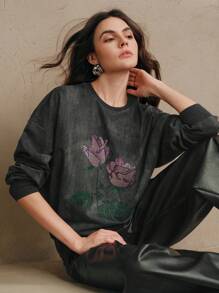Anewsta Urban Chic Retro Round Neck Long Sleeve Sparkly Rose Rhinestone Embellished Sweatshirt, Spring & Autumn Pullover Fall - Dark Grey - View 1