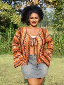 SHEIN EZwear Plus Size Romantic Colorful Hollow Out Striped Slim Fit Tie-Front Shirt, Spring - Multicolor - View 4