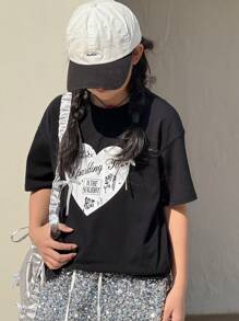 DAZY Tween Girl' Heart Printed Short Sleeve T-Shirt Summer,Back To School Clothes - Black - View 6