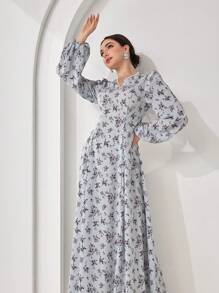 Veilorie 朴素休闲印花图案女式阿拉伯风格连衣裙，女式超长连衣裙 - 彩色 - 查看 3