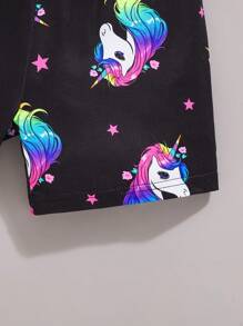 Young Girl 2pcs Unicorn Luminous Print Pajama Set, Short Sleeve T-Shirt & Shorts, Summer Spring, Black Base