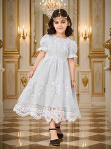 Glamorique Kids 1 pieza Vestido blanco de princesa elegante con manga abombada y ribete de encaje para niñas, de verano - Blanco - Ver 8