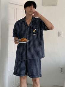 DAZY Summer Bear Embroidery Plaid Shirt & Shorts 2 Pieces Pajama Set For Men