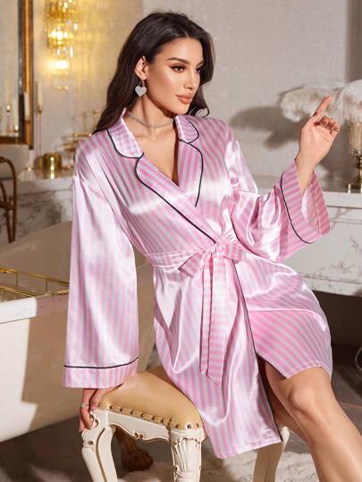 LuxeNights Decorative Trim Striped Faux Silk Women's Belted Bathrobe Luxe Loungewear Cozy And Elegant Details, Fall & Winter