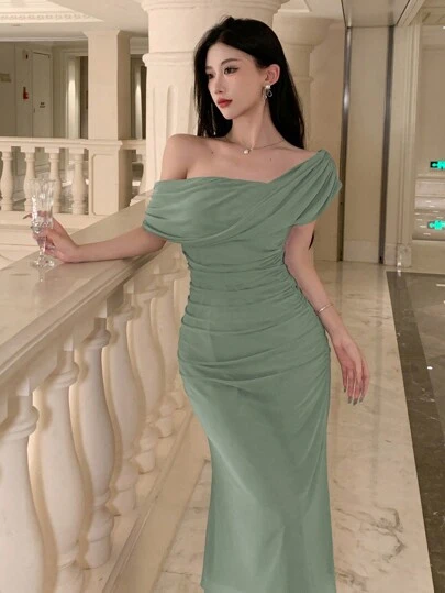 DAZY 女士纯色不对称领口网纱连衣裙短袖连衣裙舞会礼服优雅太阳裙，婚礼礼服