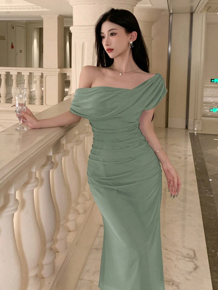 DAZY Đầm lưới nữ màu trơn, cổ lệch, tay ngắn, đầm dạ hội, đầm hè thanh lịch, đầm cưới, đầm lễ Phục sinh, đầm maxi. - màu xanh lá - Xem 1