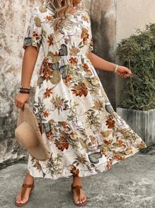 EMERY ROSE Plus Size Casual Vacation Random Tropical Plant Print Short Sleeve Dress - Multicolor - View 3