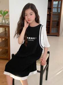 DAZY 青少年女孩休闲字母印花二合一连衣裙，青少年女孩秋季时尚，返校服装 - 黑色 - 查看 5