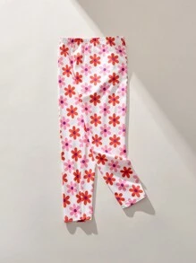 THE HAPPY LOOK Young Girls Floral Allover Print Snug Fit Pink Leggings, Casual Style, Spring