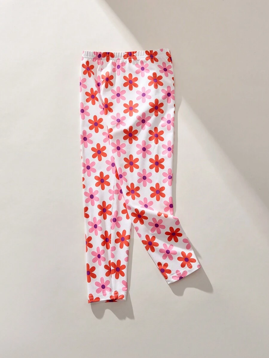THE HAPPY LOOK Young Girls Floral Allover Print Snug Fit Pink Leggings, Casual Style, Spring