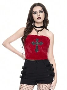 ROMWE Goth Spring Break Concert Festival Party Outfit Women, Rave Outfits, Plush PU Embroidered Cross Pendant Strapless Sexy Color Contrast Crop Top