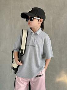 青少年男孩休闲假日百搭字母与图案印花翻领半襟宽松短袖针织 Polo 衫