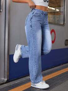 SHEIN ICON Women's Casual Denim Pants, Minimalist Style For Daily Wear