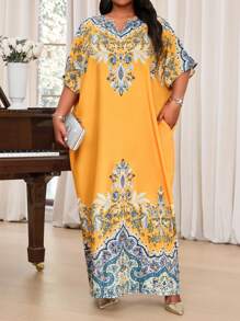 Fleurora Plus Size Summer Birthday Party Dress V Neck Short Sleeve Simple Maxi Casual Dress, Yellow Floral Holiday Robe