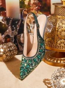 CUCCOO TILAWA Women's Crystal Heel Rhinestone Pointed Toe Hollow Out Black Slip-On Pumps, Suitable For Going Out, Banquet, Party And Other Occasions - Green - View 3