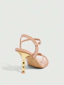 CUCCOO SZL Sandalias altas de tacón cuadrado color albaricoque con tacones metálicos dorados, diseño elegante y sexy con correas cruzadas para damas