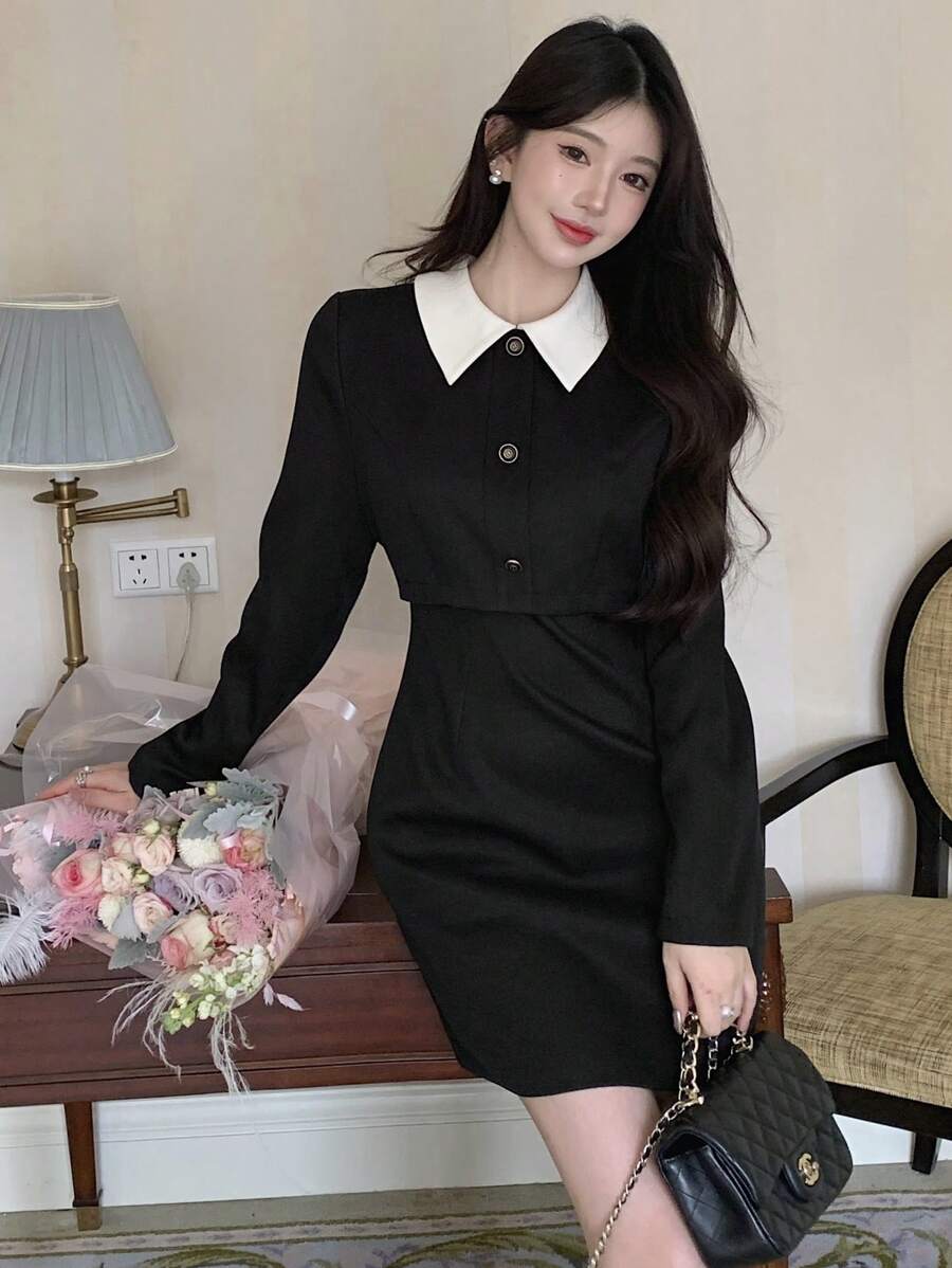 DAZY Women's Contrast Color Party Casual Korean Style Mid-Length Dress,Mini Dress,Fall Dress Long Sleeve Dress - Black - View 1