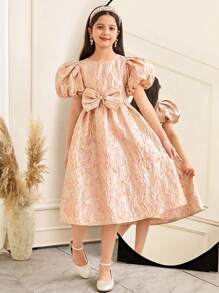 SHEIN Đầm midi tay bồng họa tiết hoa jacquard thanh lịch giản dị cho bé gái tuổi mới lớn có thắt nơ cỡ lớn - Hồng - Xem 5