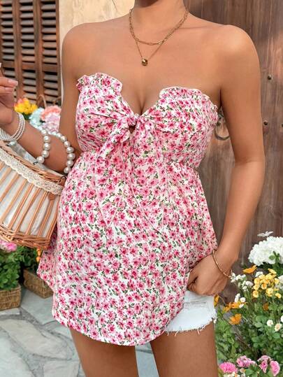 SHEIN Maternity Ditsy Floral Knot Front Tube Top Summer Top For Women
