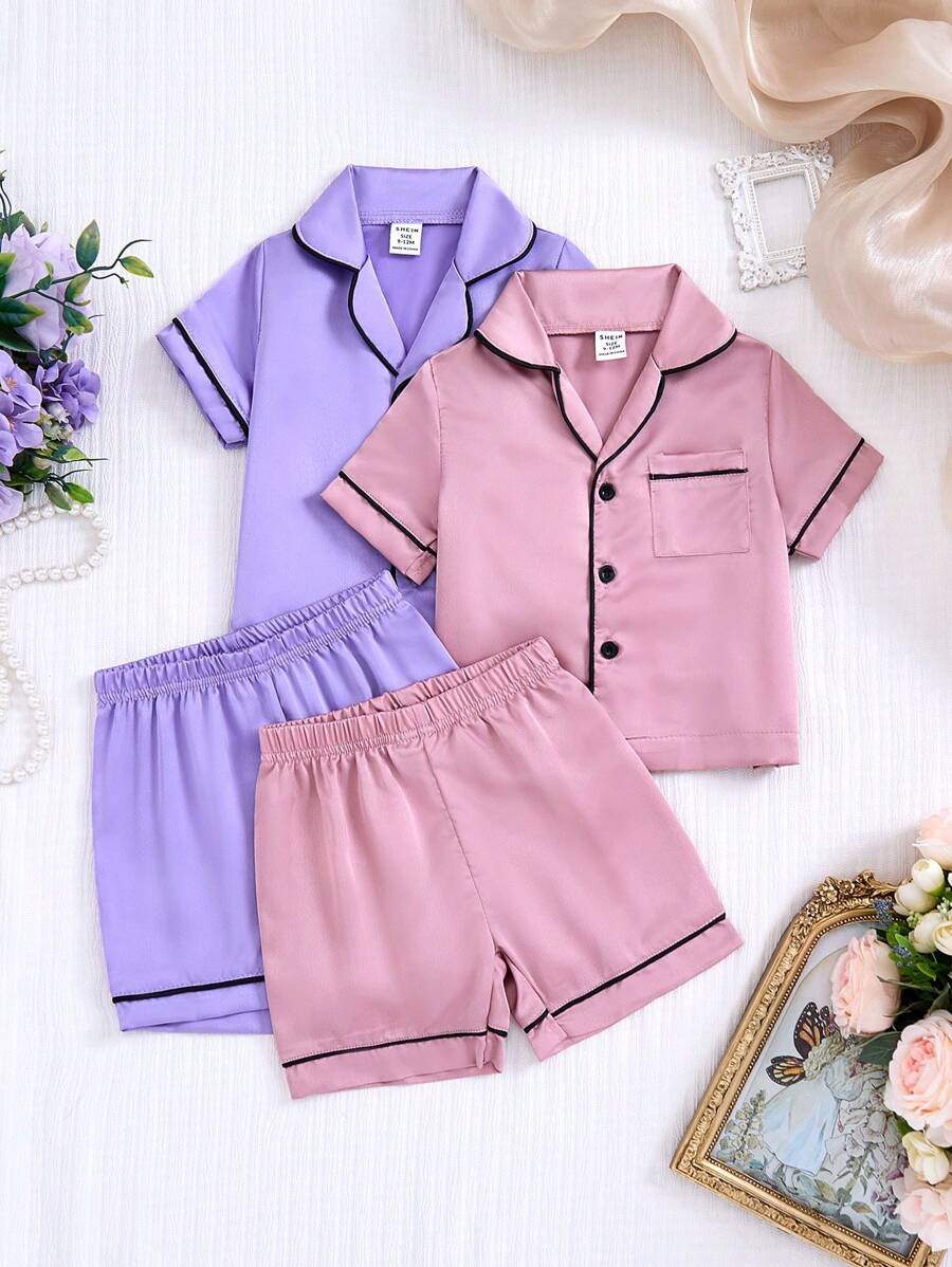 SHEIN 4pcs Set Baby Girls Elegant Contrast Binding Short Sleeve Top With Pockets And Contrasting Collar, Matching Purple Shorts, Charming Home Sets - Multicolor - View 1