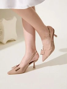 CUCCOO CHICEST Bombas de tacón alto con punta elegante y lazo dulce para mujer, zapatos de vestir de brillo color albaricoque para citas, fiestas del té, ocasiones románticas, San Valentín, ir al trabajo