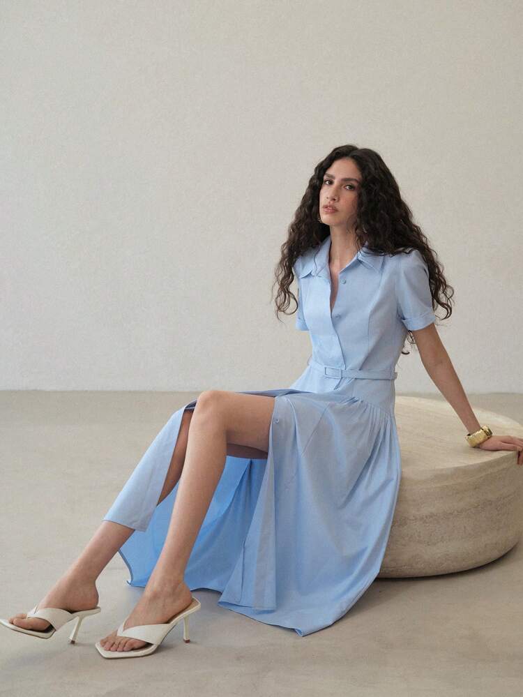 FOLD PLEATED BUTTON UP SHIRT DRESS, BELTED MIDI DRESS, FLARE HEM, ELEGANT STYLE,SPRING/SUMMER