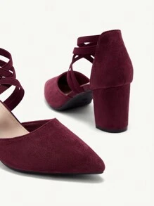 CUCCOO CHICEST Burgundy Faux Suede Elastic Ankle Strap Pointed Toe Chunky High Heel Pumps, Fashion Dress Shoes For Commuting, Dating, Party, Wedding, Holiday Spring Shoes Spring Break Easter Prom Heels