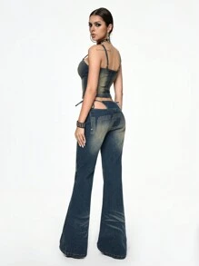 ROMWE Grunge Punk Y2K Rivet 2 In 1 Extremely Low Waist Flare Jeans Pants For Women, Suitable For Concerts & Festivals - Blue - View 6