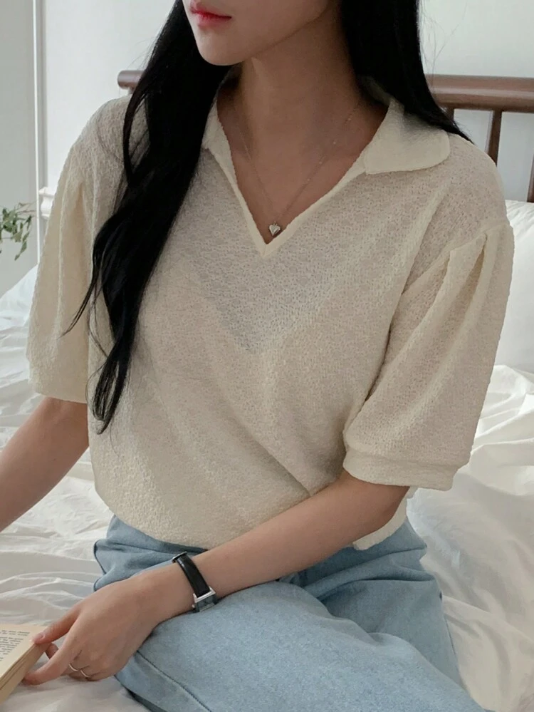 Women Textured Fabric Collared Puff Sleeve Short Sleeve Pullover Blouse, Spring/Summer