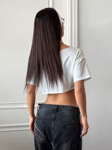 FavEase 女士白色不对称领口短款上衣，超大街头风磨边 Y2K 时尚别致短袖 T 恤，适合春夏季 - 白色 - 查看 2