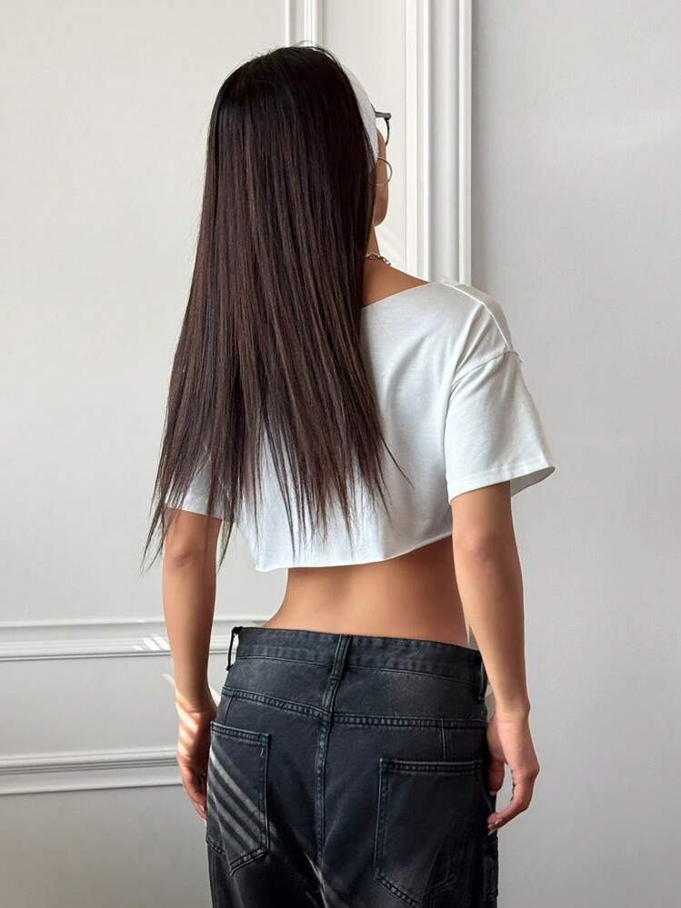 StreetHx Crop top asimétrico blanco para mujer, camiseta corta de manga corta con bordes deshilachados de moda chiclook oversized y2k, adecuada para primavera/verano - Blanco - Añade 2