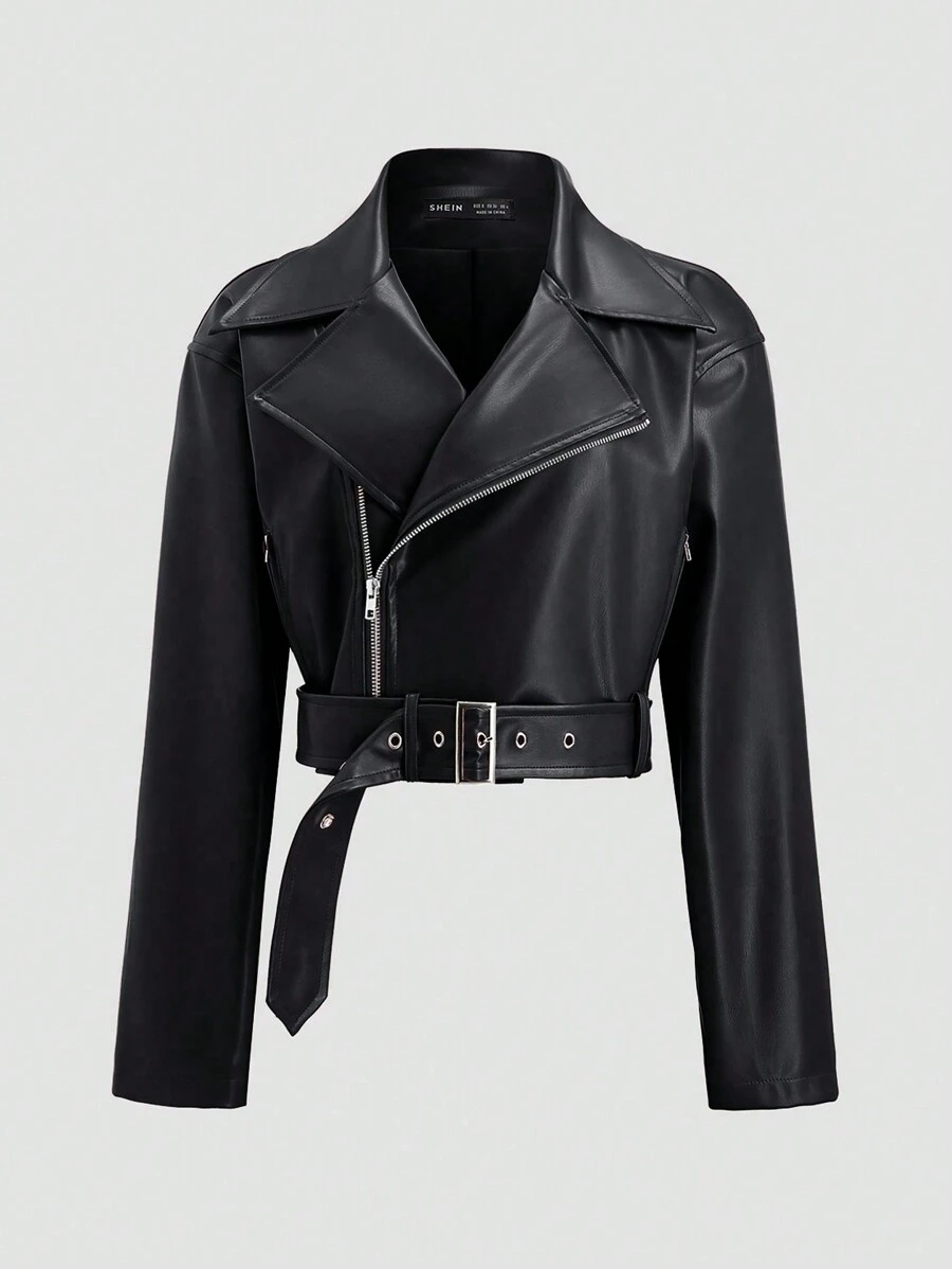 Lunelith SHEIN Lunessa Women's Long Sleeve Zipper Front Loose Design PU Leather Jacket Fall Winter Cloth For Women