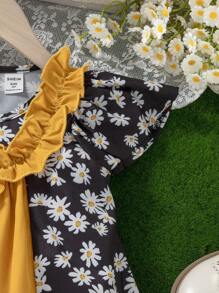 SHEIN 女童时尚花卉印花拼色荷叶边下摆中长连衣裙，适合夏季度假