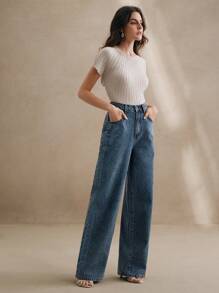 Anewsta Women's New Fashionable Elegant Unique Embroidered Design Straight Leg Jeans, Suitable For Valentine's Day, Mother's Day, Party, Blue - Blue - View 3