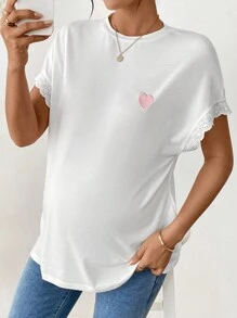 SHEIN Bohemian Maternity Heart Embroidered, Lace Patchwork T-Shirt - White - View 1