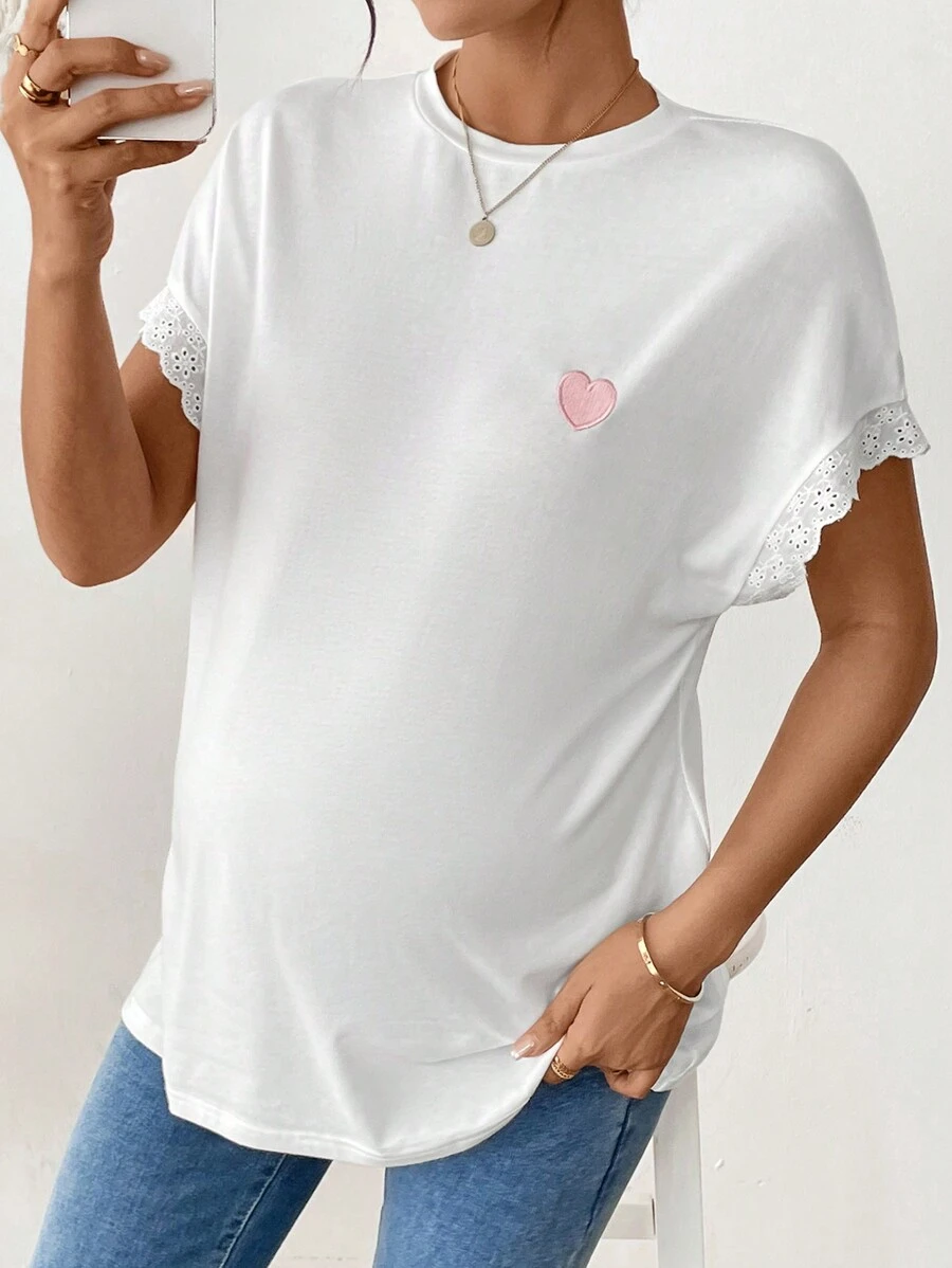 SHEIN Bohemian Maternity Heart Embroidered, Lace Patchwork T-Shirt - White - View 1
