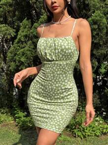 SHEIN EZwear Women's Floral Allover Print Slim Fit Casual Mini Dress With Spaghetti Straps,Sage Green Dress