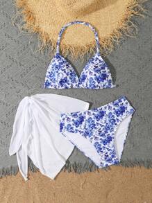SHEIN Teen Girl  Summer Beach 3packs Floral Print Halter Triangle Bikini & Beach Skirt,3 Piece Swinwear - Multicolor - View 5