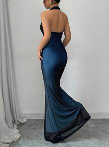 Rafferiza 优雅修身鱼尾下摆 V 领腰部褶皱针织网眼衬里连衣裙，适合女士，秋冬季，多色 - 彩色 - 查看 2