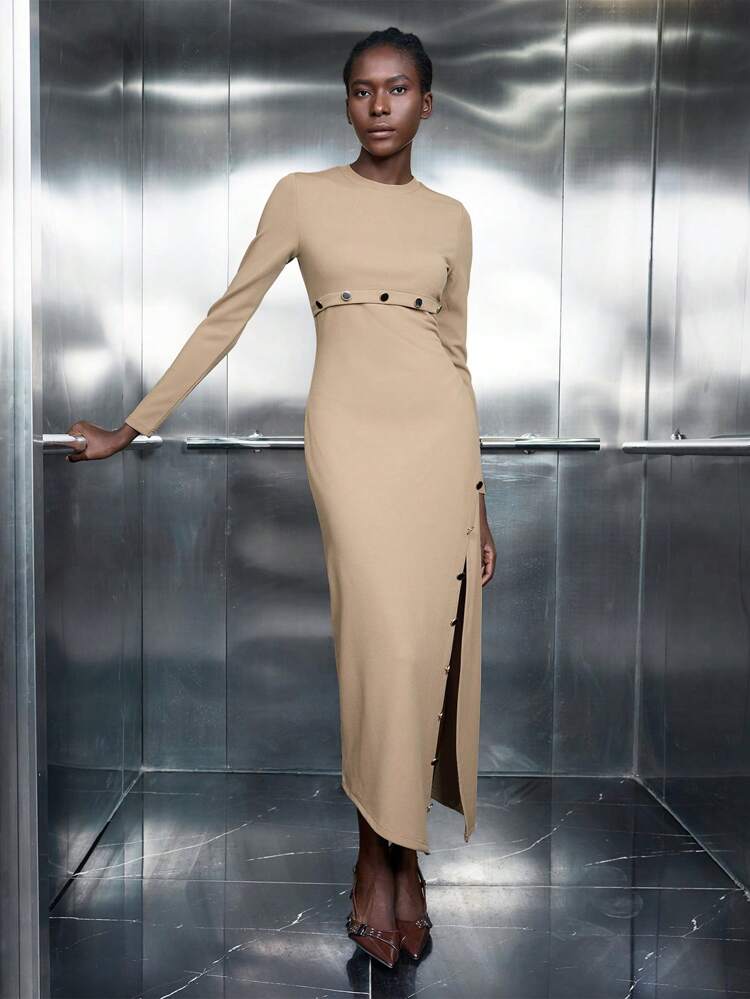 SHEIN Maija Women's Solid Color Simple Daily Round Neck Long Sleeve Long Winter Knit Dress Business Casual Women's Wear, Office Wear, Low-Key Old Money Style, Effortless Temperament, High-End Urban Commuting, The Same Style As The Editor-In-Chief Of The Magazine, Urban Social Vacation Party Wear, Charming, Low-Key And Durable Basic Style, Versatile And Not Picky Clothing, Street Fashion Wear, Clothing, Coffee Shop, Relaxed Wear