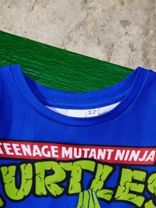 TEENAGE MUTANT NINJA TURTLES | SHEIN 2pcs/Set Young Boy Cartoon Tie-Dye T-Shirt And Blue Cartoon Turtle Printed T-Shirt, Casual Suitable For All Seasons - Multicolor - View 3